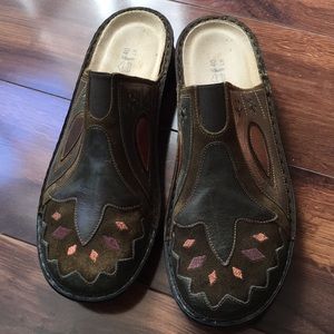 Naot sage green suede and leather studded mules